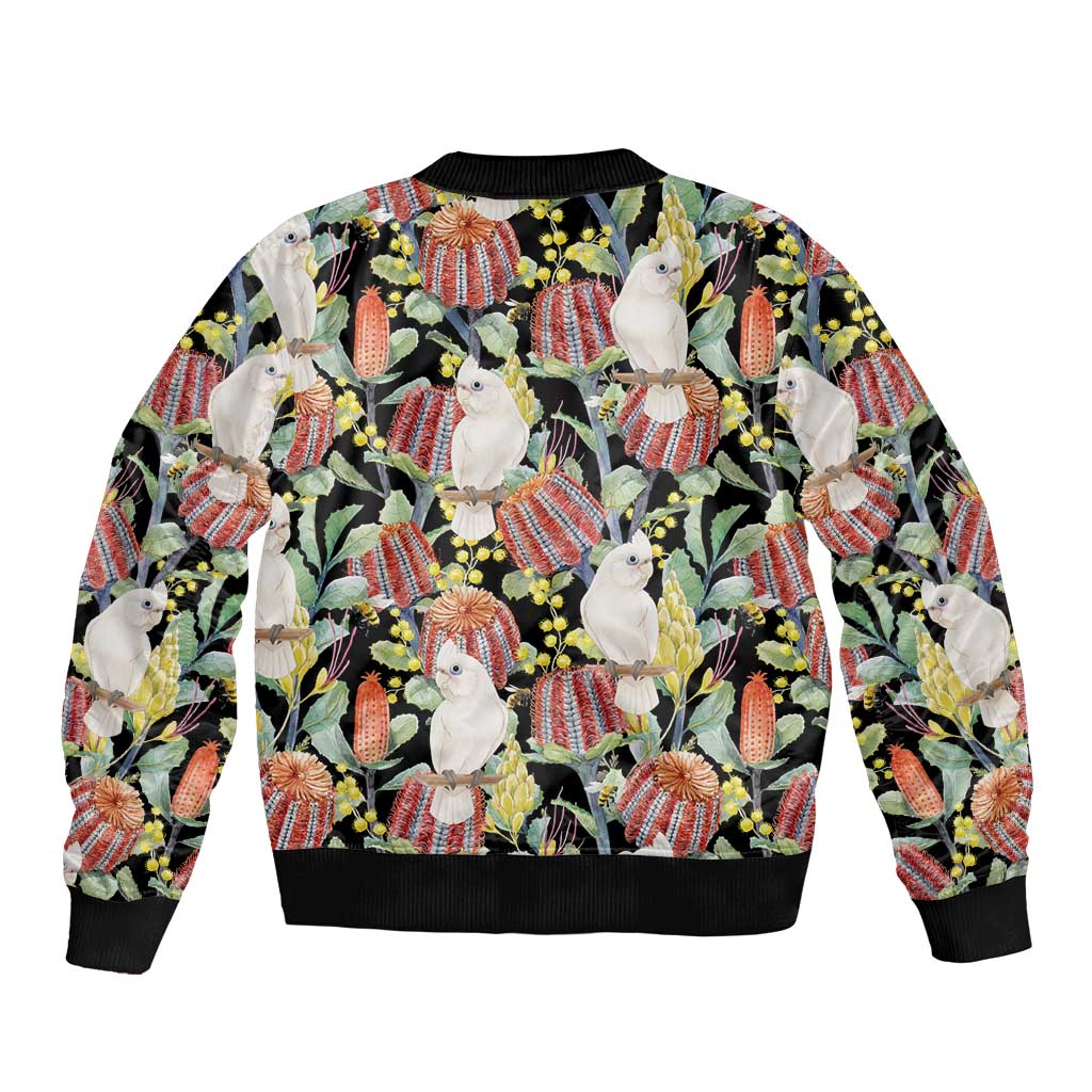 Little Corella Australia Cockatoo Sleeve Zip Bomber Jacket Cacatua Sanguinea Banksia Seamless Black - Aussie Hoodie
