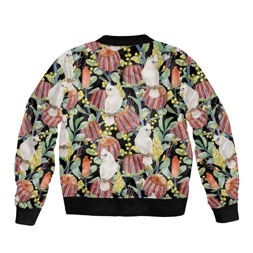 Little Corella Australia Cockatoo Sleeve Zip Bomber Jacket Cacatua Sanguinea Banksia Seamless Black - Aussie Hoodie