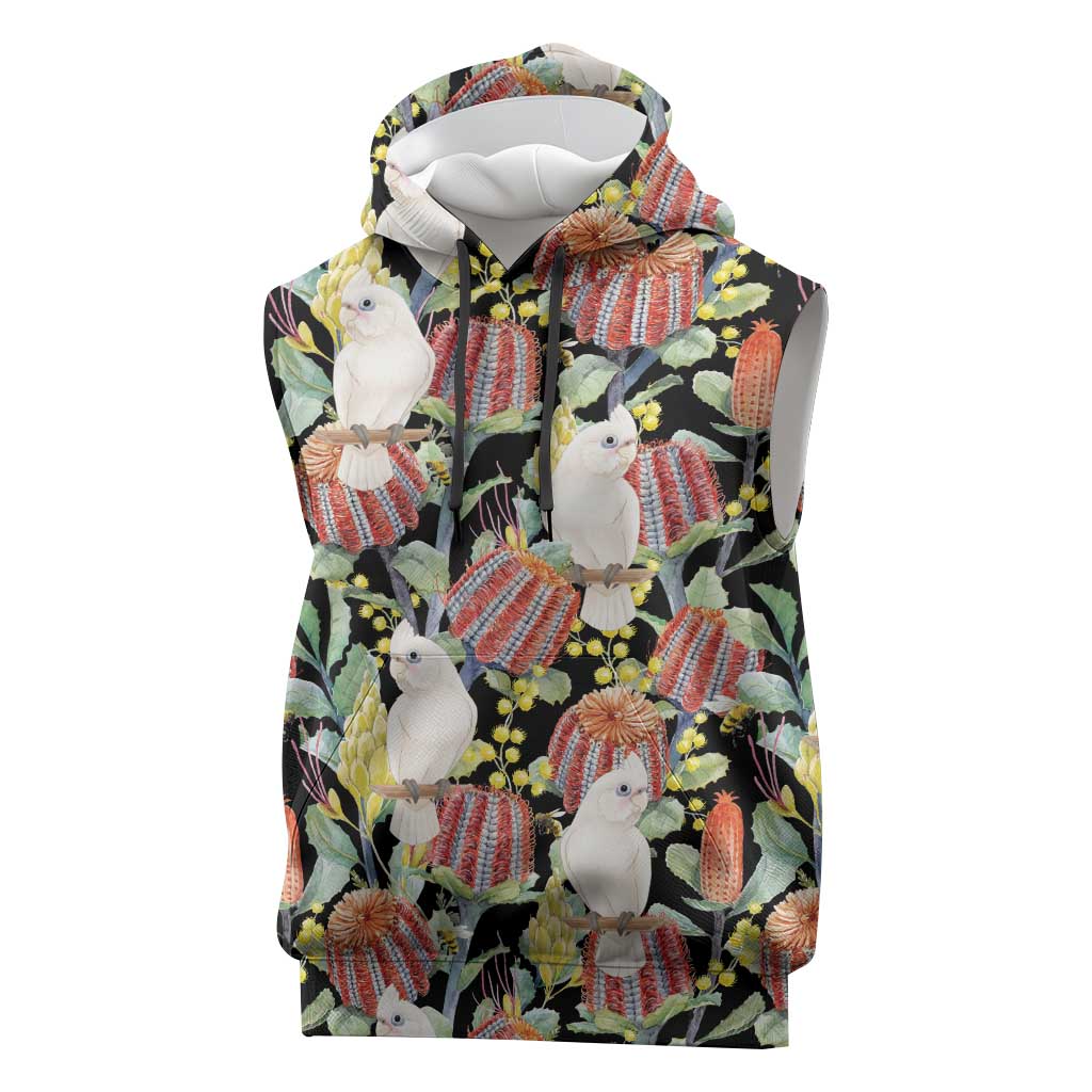 Little Corella Australia Cockatoo Sleeveless Hoodie Cacatua Sanguinea Banksia Seamless Black - Aussie Hoodie