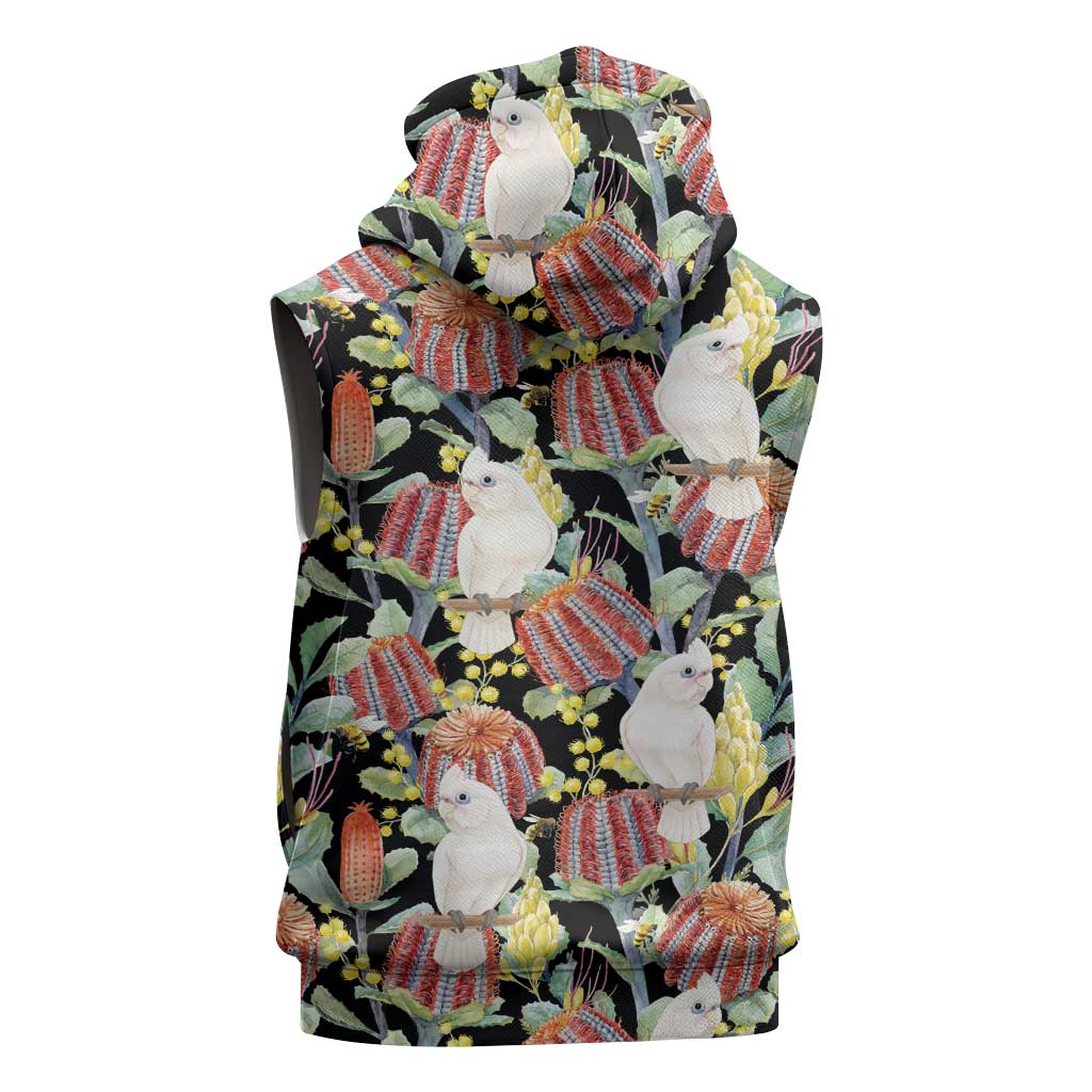 Little Corella Australia Cockatoo Sleeveless Hoodie Cacatua Sanguinea Banksia Seamless Black - Aussie Hoodie