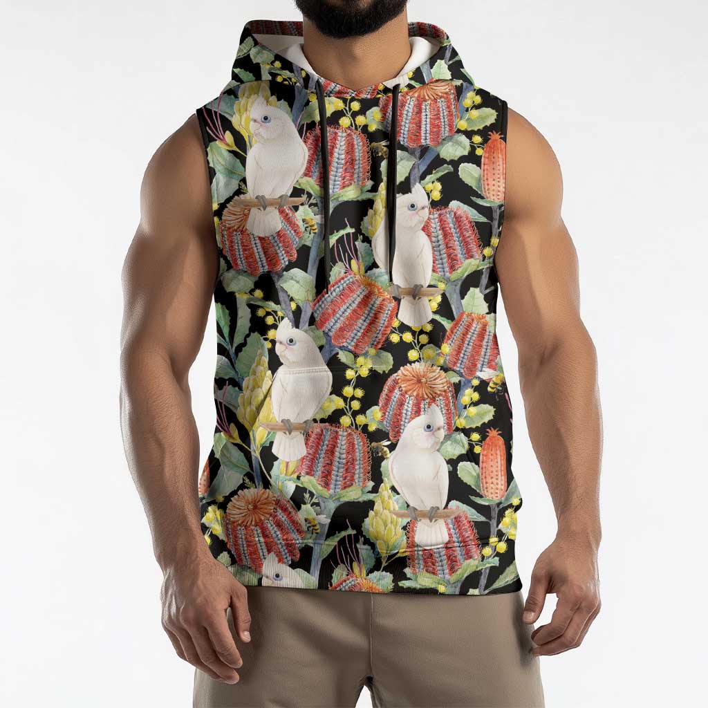 Little Corella Australia Cockatoo Sleeveless Hoodie Cacatua Sanguinea Banksia Seamless Black - Aussie Hoodie