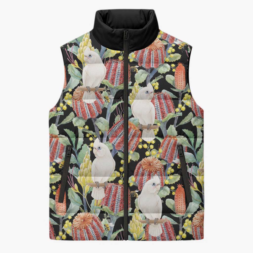 Little Corella Australia Cockatoo Sleeveless Puffer Jacket Cacatua Sanguinea Banksia Seamless Black - Aussie Hoodie