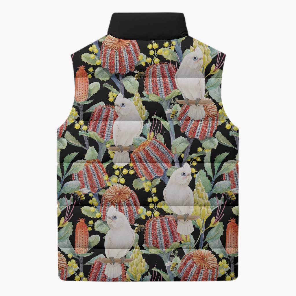 Little Corella Australia Cockatoo Sleeveless Puffer Jacket Cacatua Sanguinea Banksia Seamless Black - Aussie Hoodie
