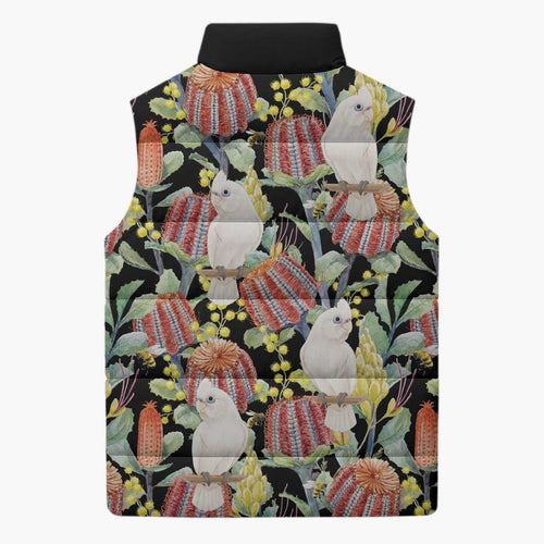 Little Corella Australia Cockatoo Sleeveless Puffer Jacket Cacatua Sanguinea Banksia Seamless Black - Aussie Hoodie