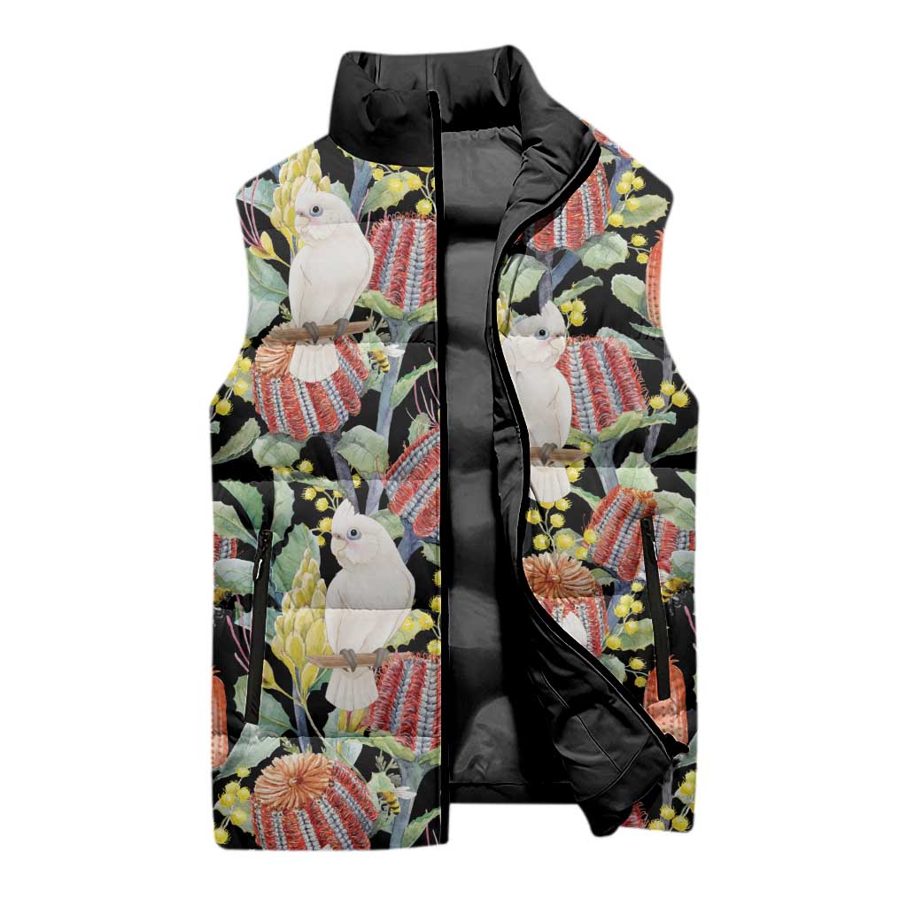 Little Corella Australia Cockatoo Sleeveless Puffer Jacket Cacatua Sanguinea Banksia Seamless Black - Aussie Hoodie