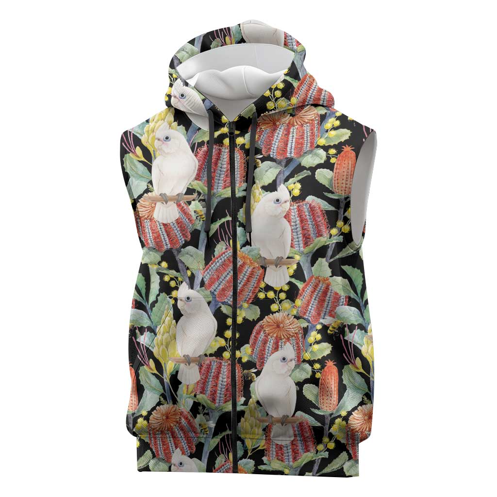 Little Corella Australia Cockatoo Sleeveless Zip Hoodie Cacatua Sanguinea Banksia Seamless Black LT14