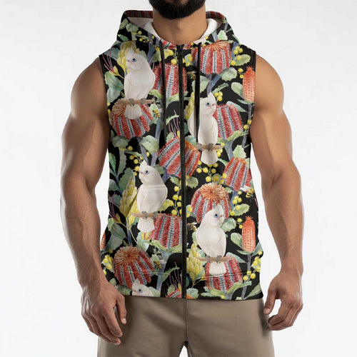 Little Corella Australia Cockatoo Sleeveless Zip Hoodie Cacatua Sanguinea Banksia Seamless Black LT14
