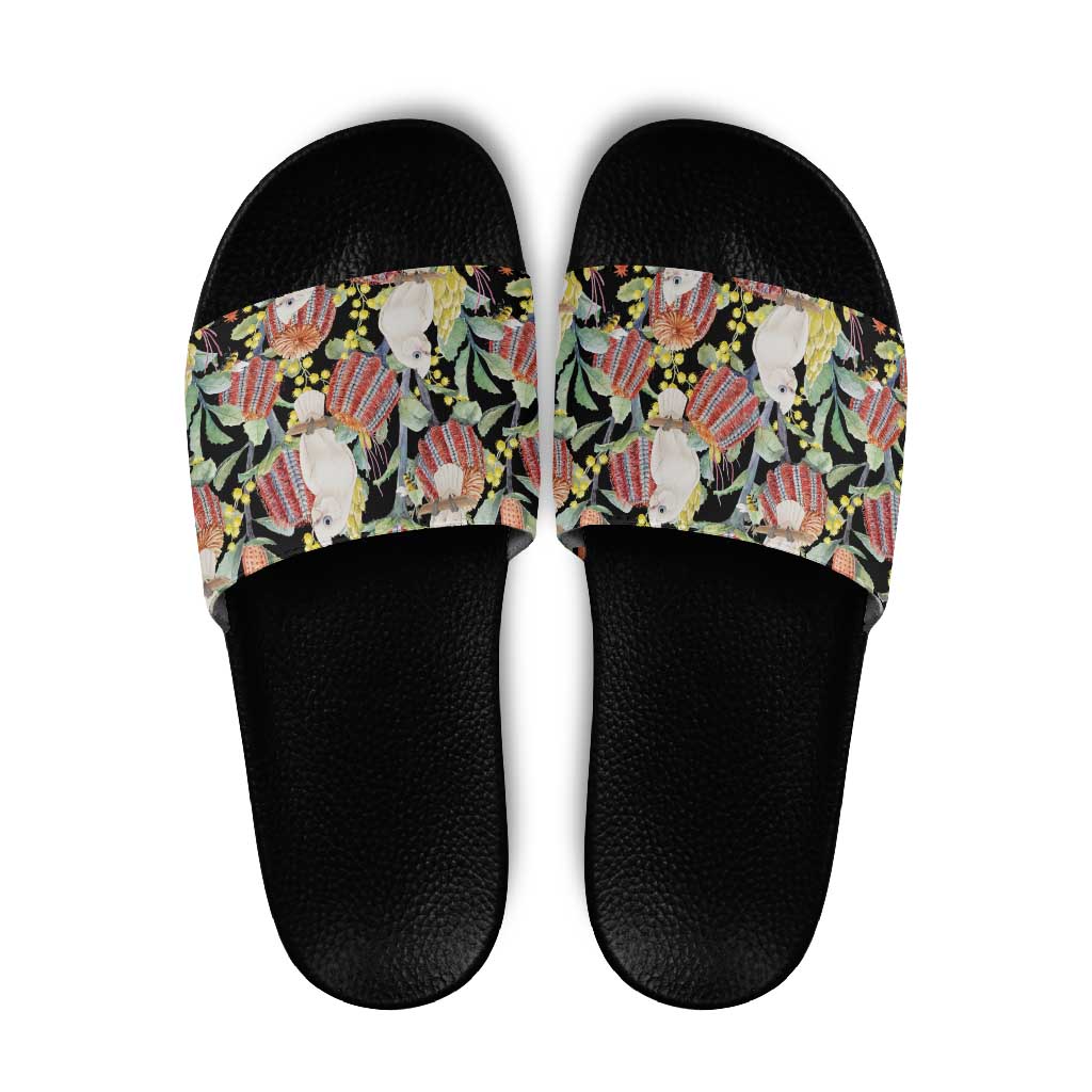 Little Corella Australia Cockatoo Slide Sandals Cacatua Sanguinea Banksia Seamless Black - Aussie Hoodie