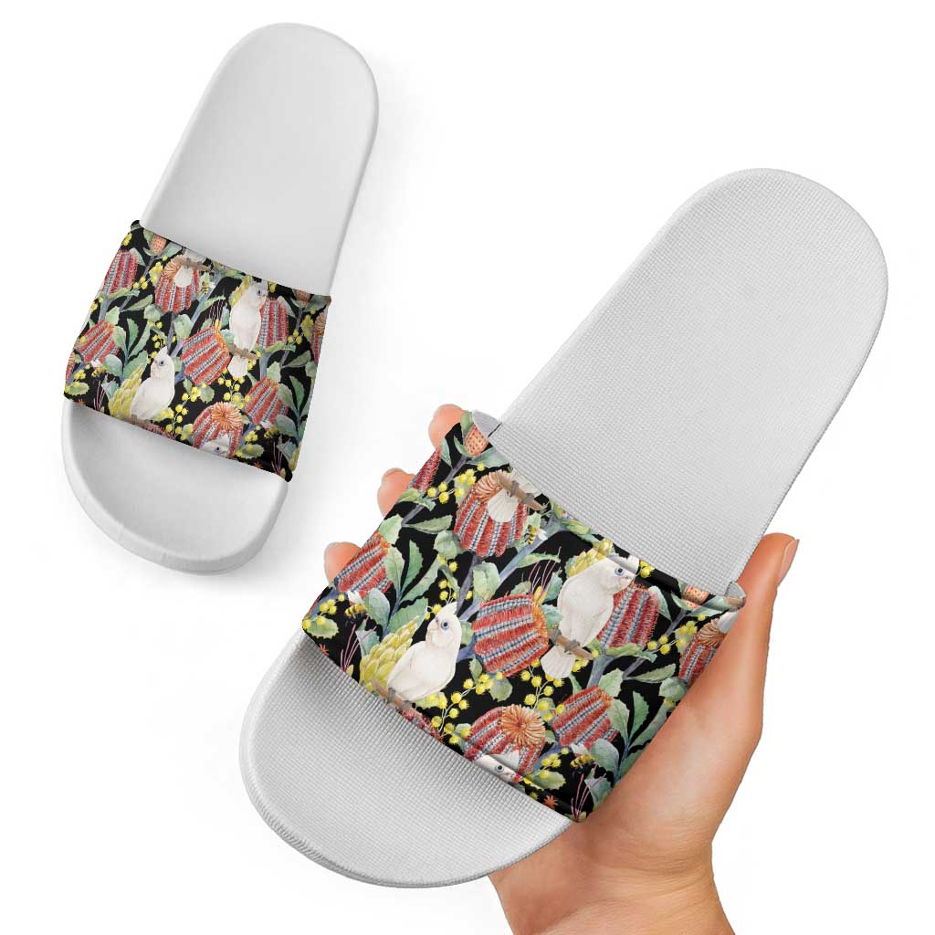 Little Corella Australia Cockatoo Slide Sandals Cacatua Sanguinea Banksia Seamless Black - Aussie Hoodie