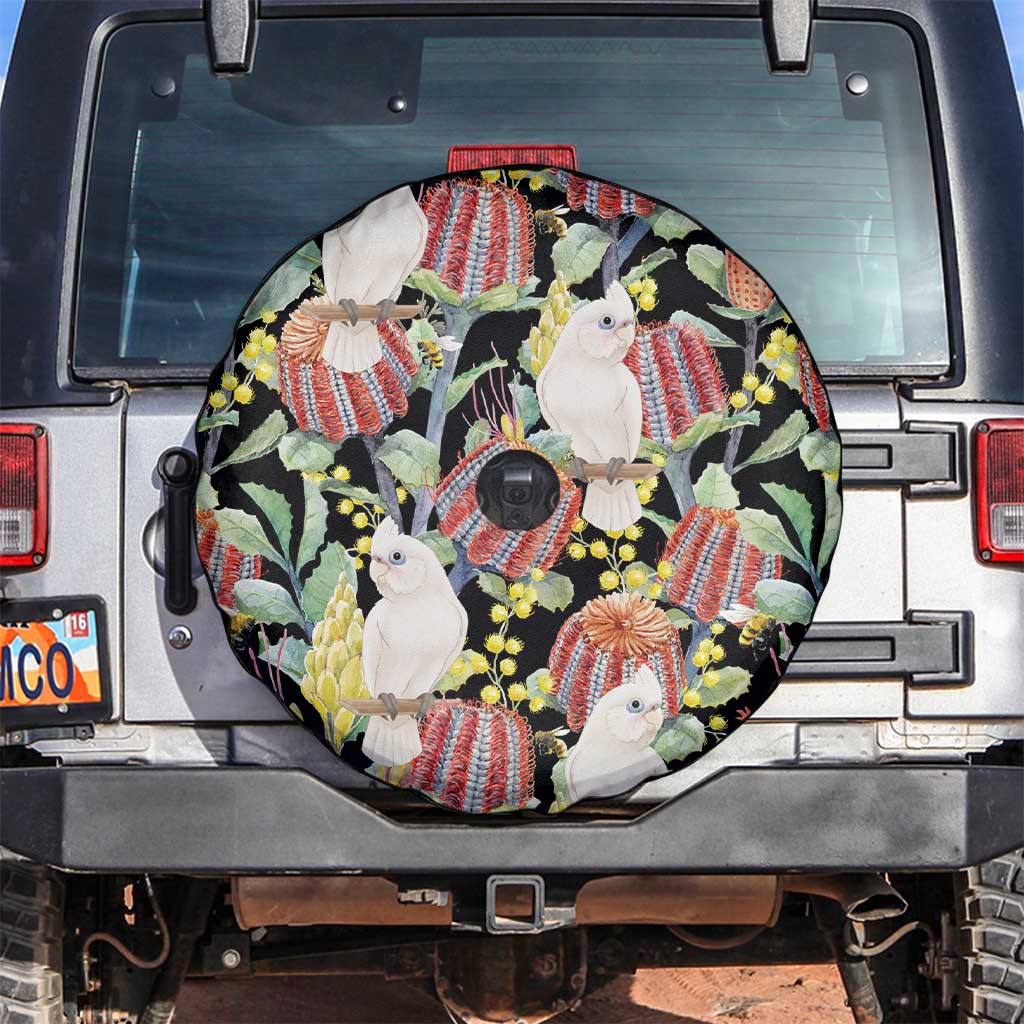 Little Corella Australia Cockatoo Spare Tire Cover Cacatua Sanguinea Banksia Seamless Black - Aussie Hoodie