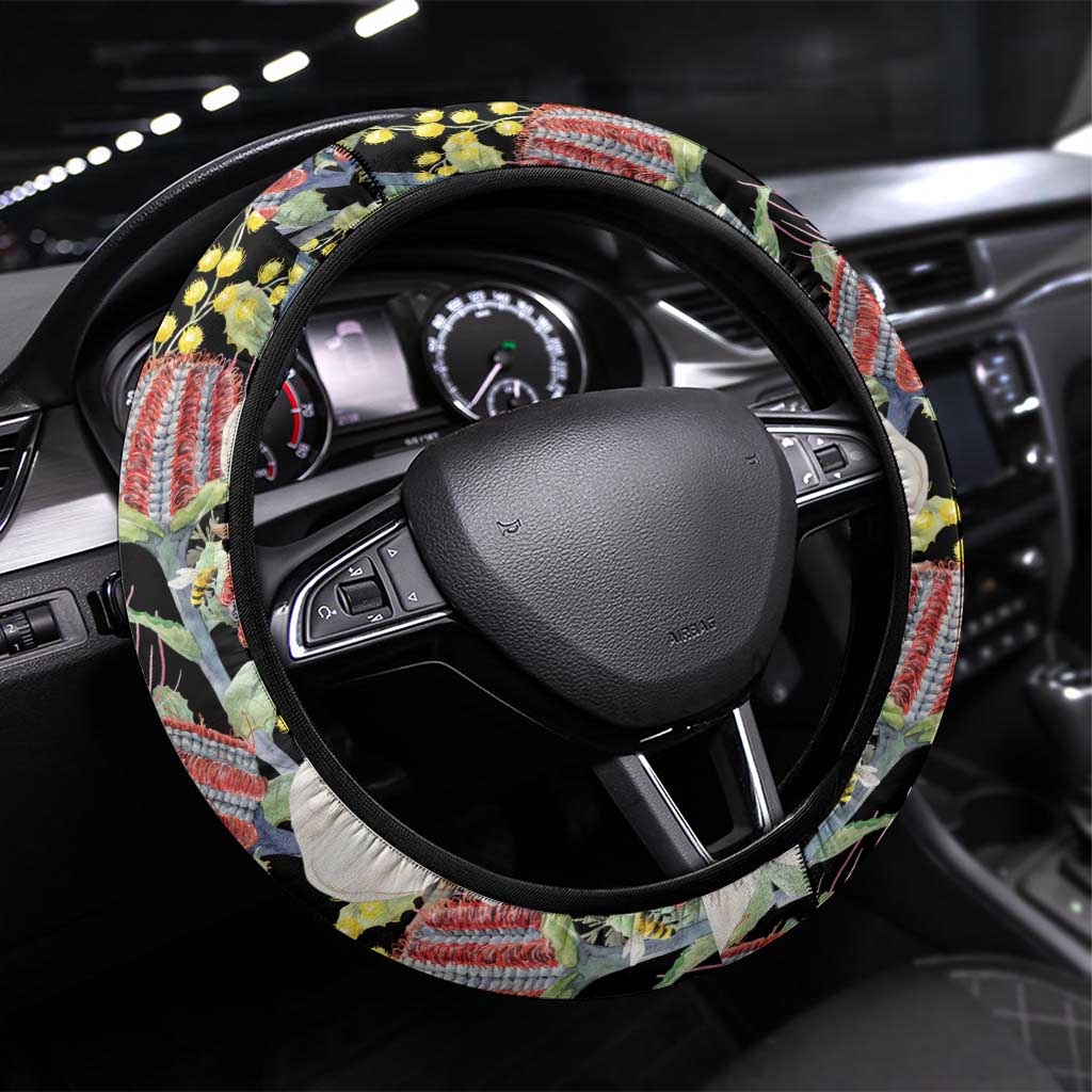Little Corella Australia Cockatoo Steering Wheel Cover Cacatua Sanguinea Banksia Seamless Black - Aussie Hoodie