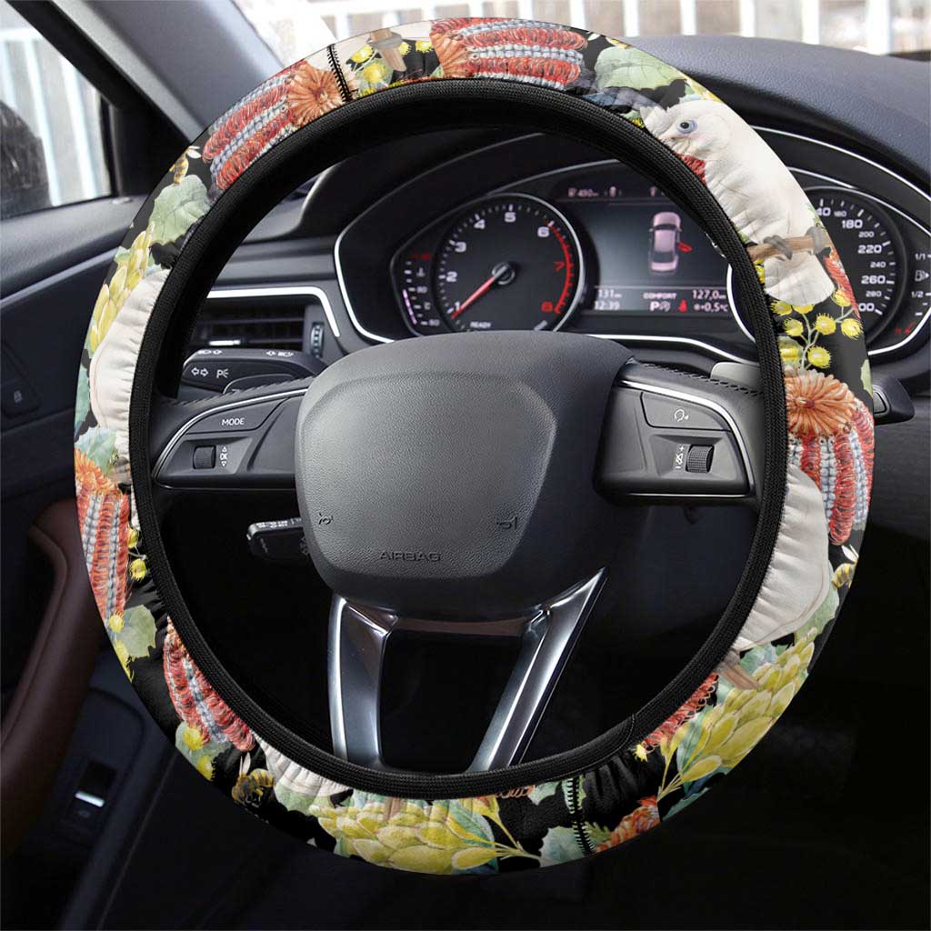 Little Corella Australia Cockatoo Steering Wheel Cover Cacatua Sanguinea Banksia Seamless Black - Aussie Hoodie