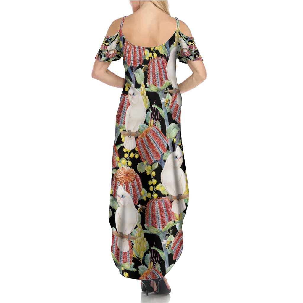 Little Corella Australia Cockatoo Summer Maxi Dress Cacatua Sanguinea Banksia Seamless Black - Aussie Hoodie