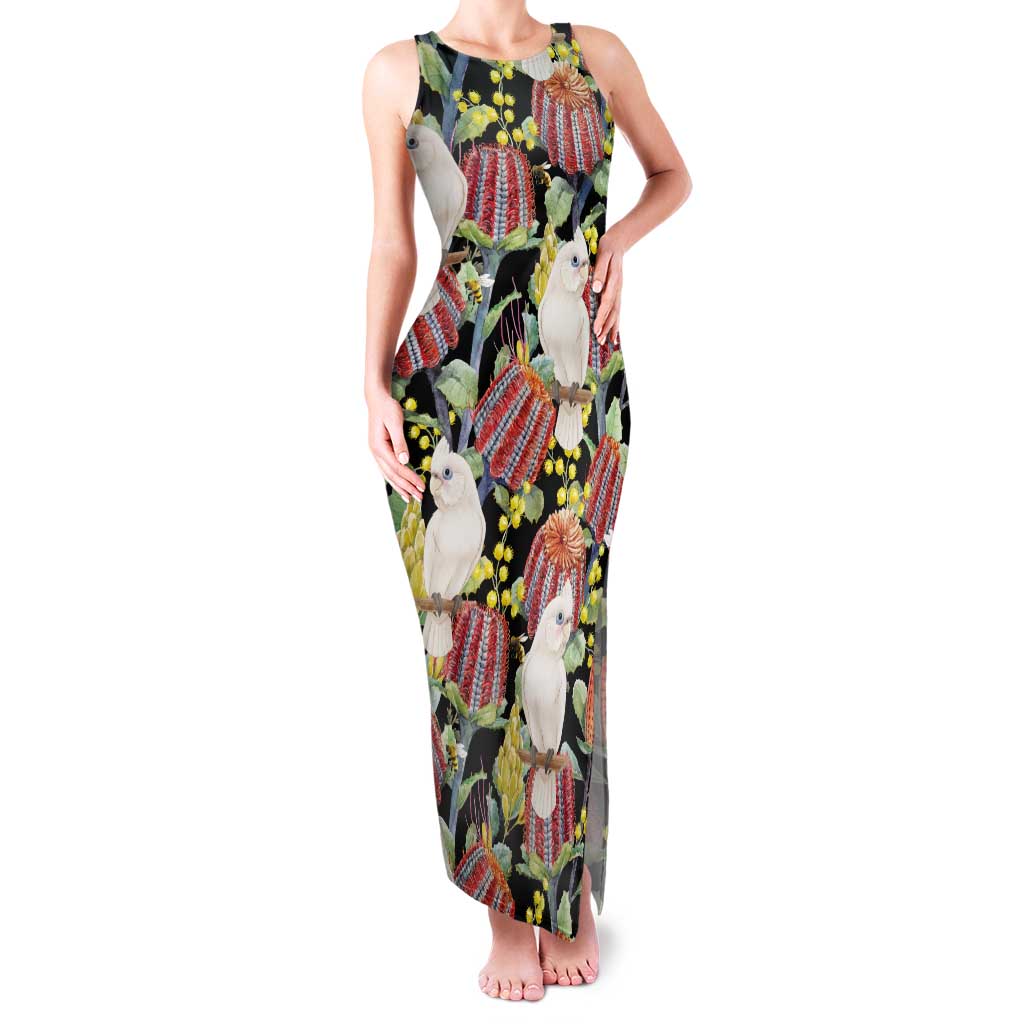 Little Corella Australia Cockatoo Tank Maxi Dress Cacatua Sanguinea Banksia Seamless Black - Aussie Hoodie