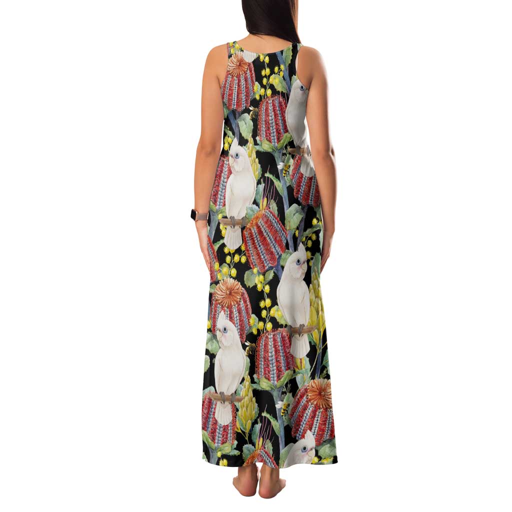 Little Corella Australia Cockatoo Tank Maxi Dress Cacatua Sanguinea Banksia Seamless Black - Aussie Hoodie