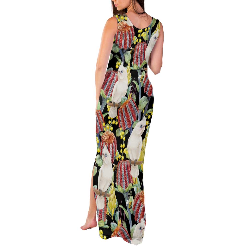 Little Corella Australia Cockatoo Tank Maxi Dress Cacatua Sanguinea Banksia Seamless Black - Aussie Hoodie