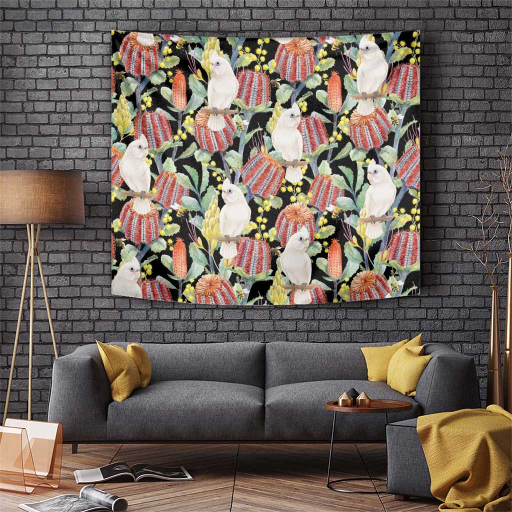 Little Corella Australia Cockatoo Tapestry Cacatua Sanguinea Banksia Seamless Black - Aussie Hoodie
