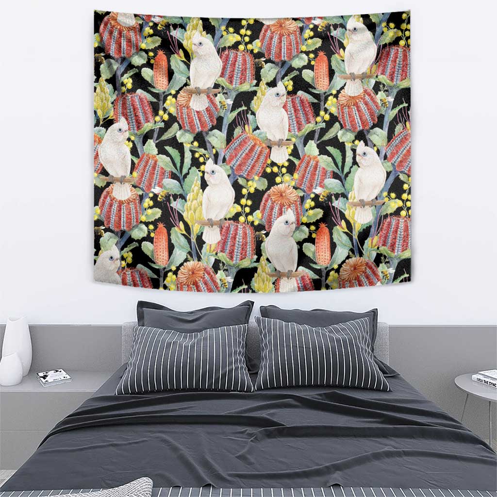 Little Corella Australia Cockatoo Tapestry Cacatua Sanguinea Banksia Seamless Black - Aussie Hoodie