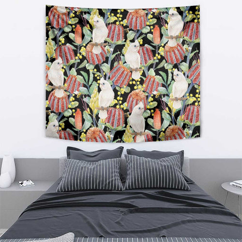 Little Corella Australia Cockatoo Tapestry Cacatua Sanguinea Banksia Seamless Black - Aussie Hoodie