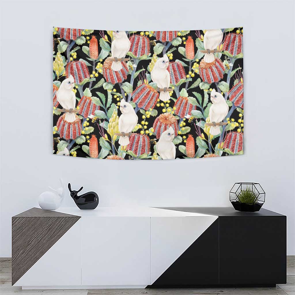 Little Corella Australia Cockatoo Tapestry Cacatua Sanguinea Banksia Seamless Black - Aussie Hoodie