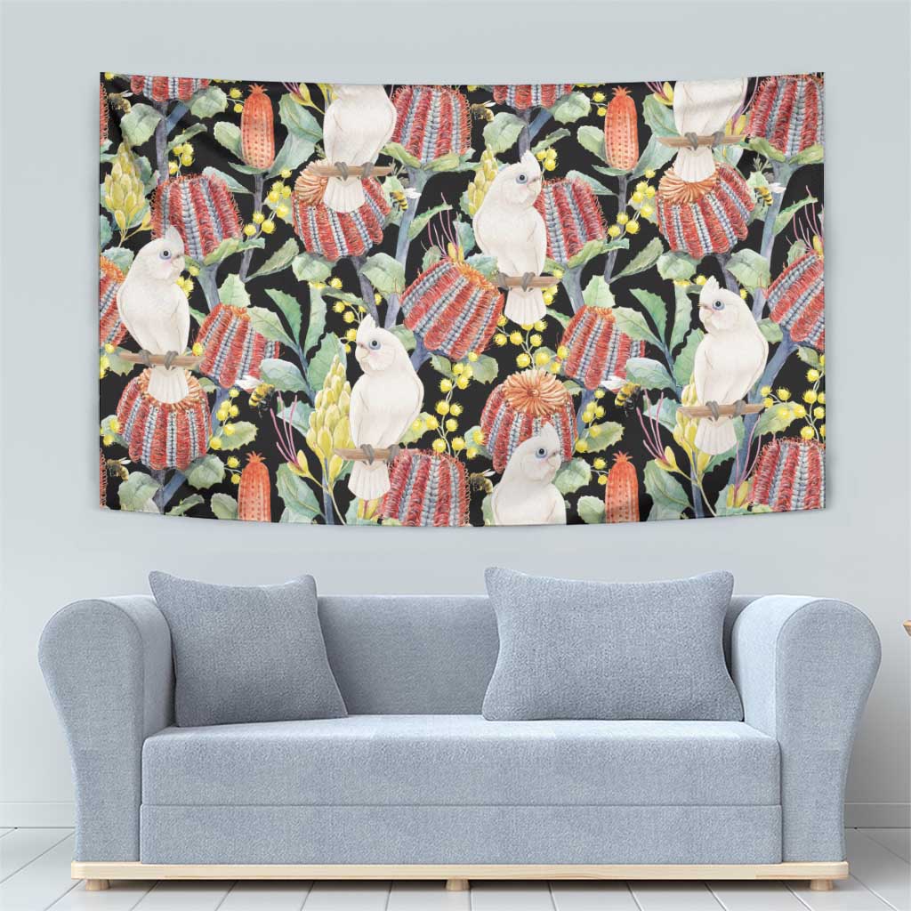 Little Corella Australia Cockatoo Tapestry Cacatua Sanguinea Banksia Seamless Black - Aussie Hoodie