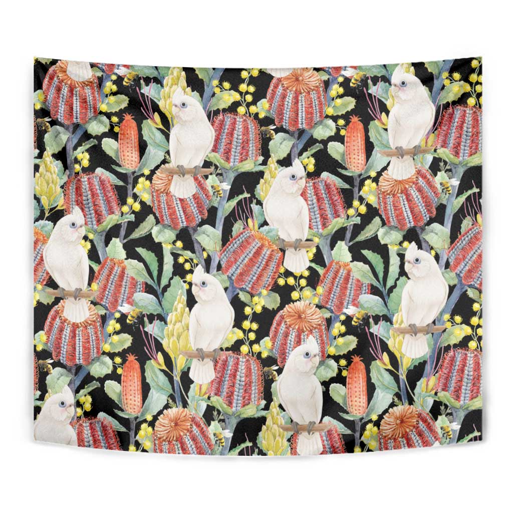 Little Corella Australia Cockatoo Tapestry Cacatua Sanguinea Banksia Seamless Black - Aussie Hoodie