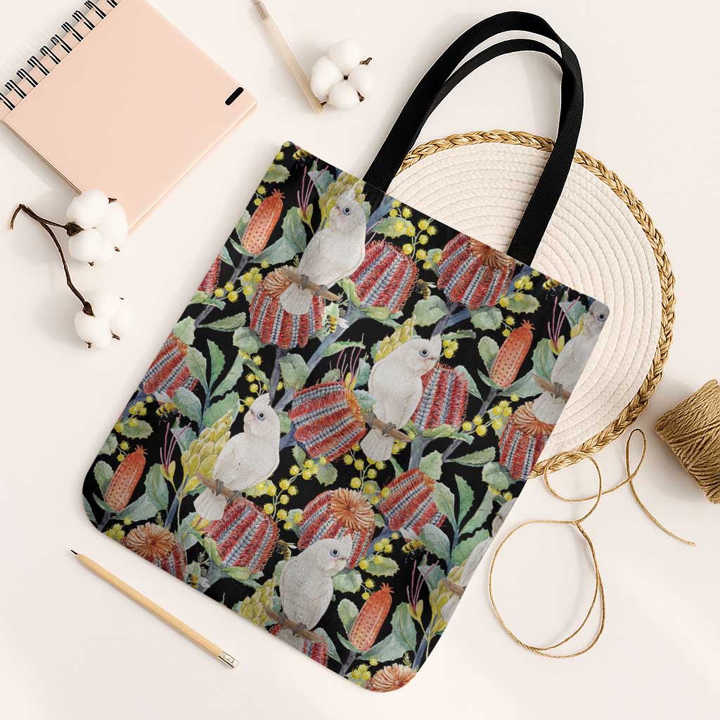 Little Corella Australia Cockatoo Tote Bag Cacatua Sanguinea Banksia Seamless Black - Aussie Hoodie