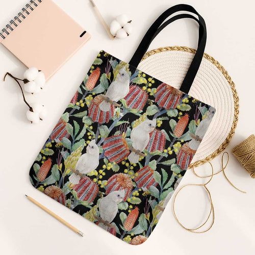 Little Corella Australia Cockatoo Tote Bag Cacatua Sanguinea Banksia Seamless Black - Aussie Hoodie