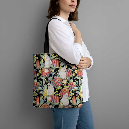 Little Corella Australia Cockatoo Tote Bag Cacatua Sanguinea Banksia Seamless Black - Aussie Hoodie