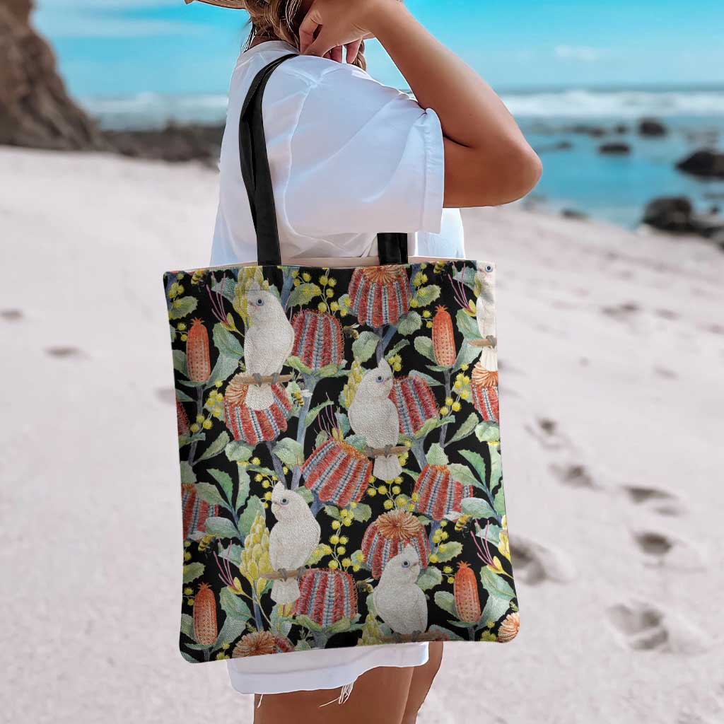 Little Corella Australia Cockatoo Tote Bag Cacatua Sanguinea Banksia Seamless Black - Aussie Hoodie