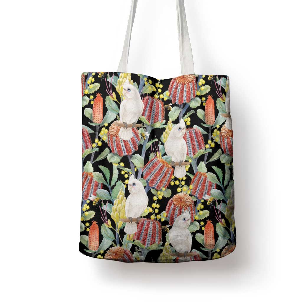 Little Corella Australia Cockatoo Tote Bag Cacatua Sanguinea Banksia Seamless Black - Aussie Hoodie