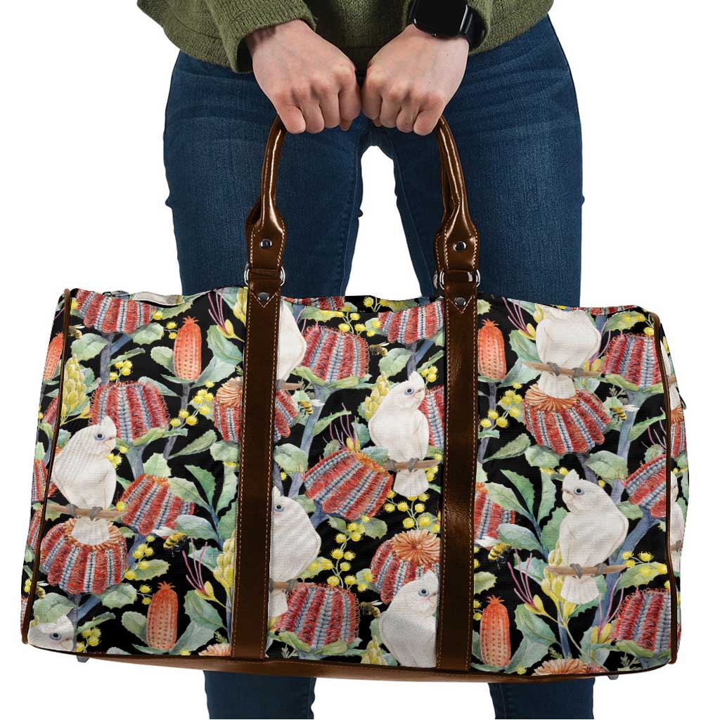 Little Corella Australia Cockatoo Travel Bag Cacatua Sanguinea Banksia Seamless Black - Aussie Hoodie