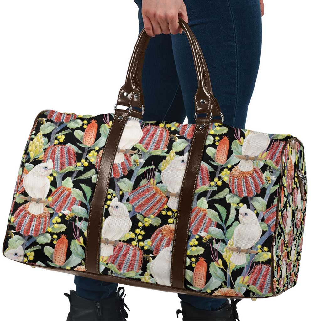 Little Corella Australia Cockatoo Travel Bag Cacatua Sanguinea Banksia Seamless Black - Aussie Hoodie