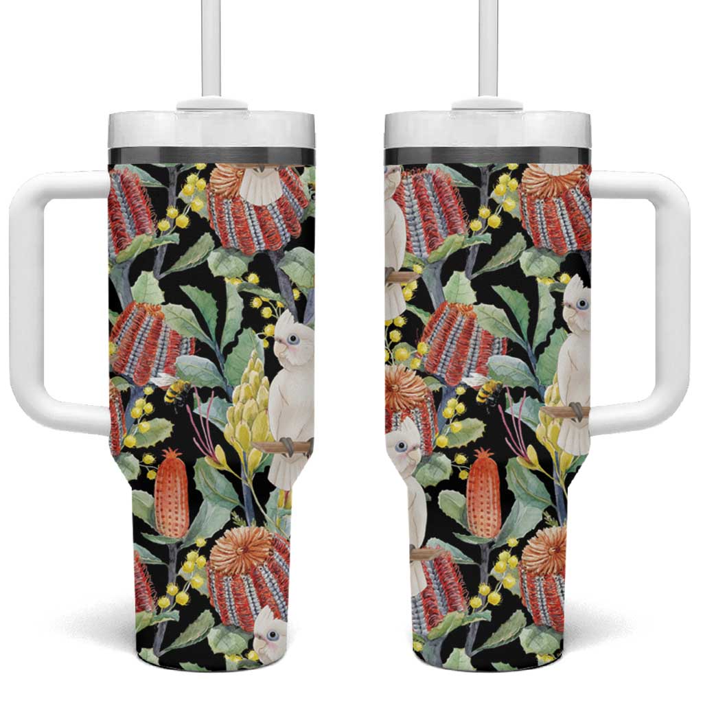 Little Corella Australia Cockatoo Tumbler With Handle Cacatua Sanguinea Banksia Seamless Black - Aussie Hoodie