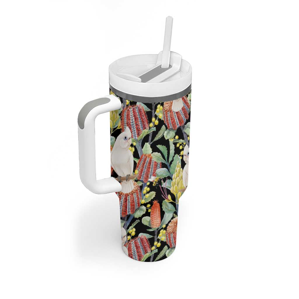 Little Corella Australia Cockatoo Tumbler With Handle Cacatua Sanguinea Banksia Seamless Black - Aussie Hoodie