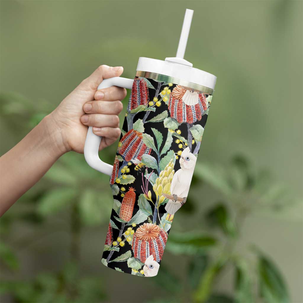 Little Corella Australia Cockatoo Tumbler With Handle Cacatua Sanguinea Banksia Seamless Black - Aussie Hoodie
