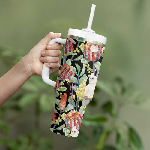 Little Corella Australia Cockatoo Tumbler With Handle Cacatua Sanguinea Banksia Seamless Black - Aussie Hoodie