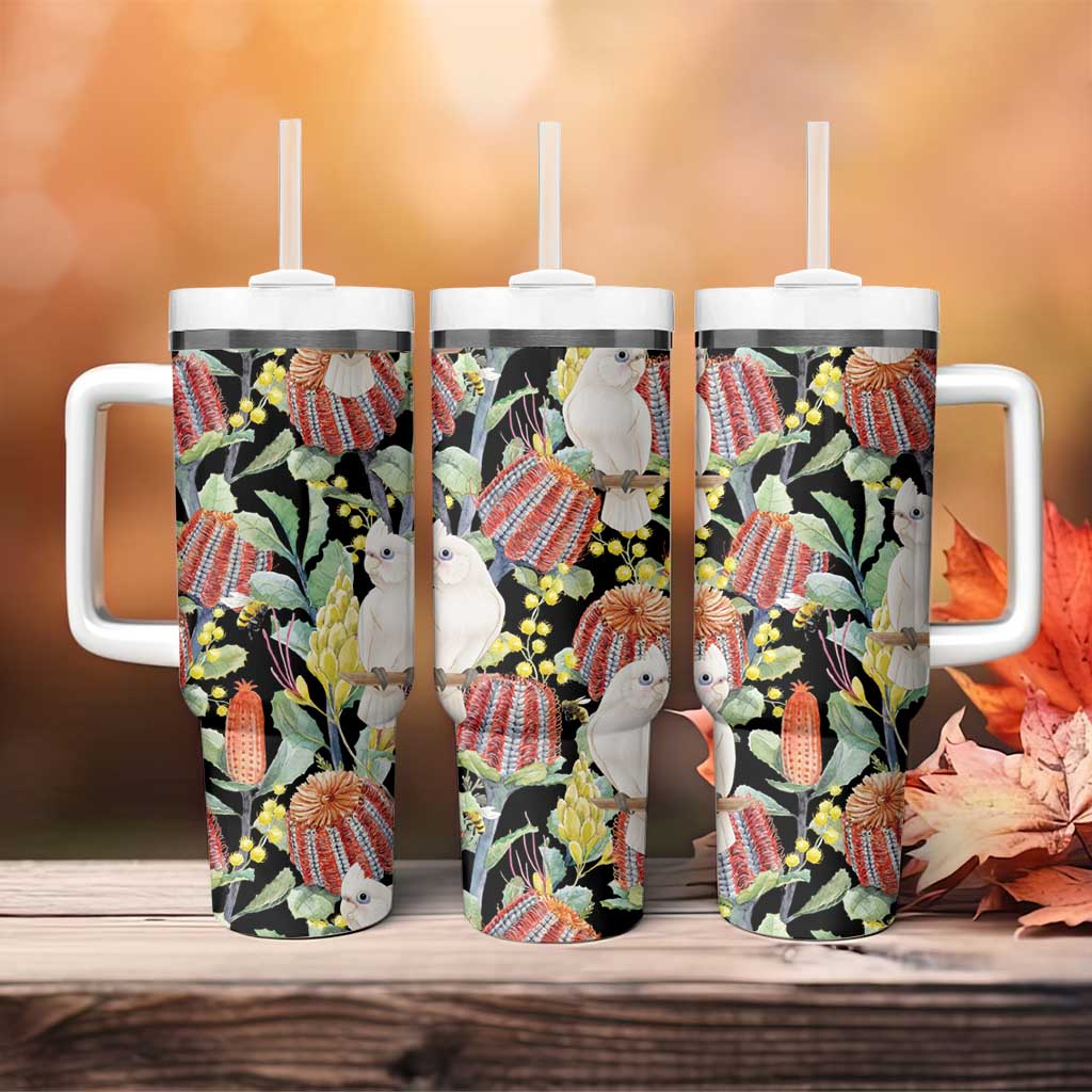 Little Corella Australia Cockatoo Tumbler With Handle Cacatua Sanguinea Banksia Seamless Black - Aussie Hoodie