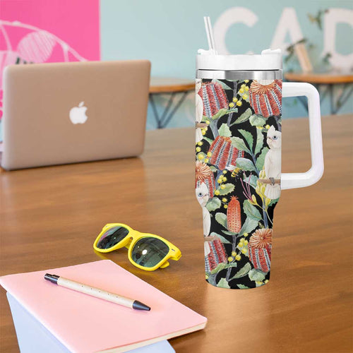 Little Corella Australia Cockatoo Tumbler With Handle Cacatua Sanguinea Banksia Seamless Black - Aussie Hoodie