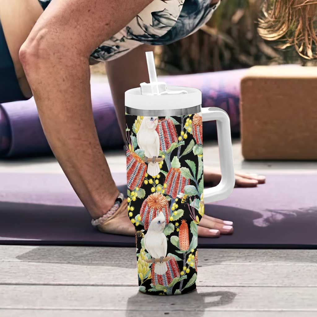 Little Corella Australia Cockatoo Tumbler With Handle Cacatua Sanguinea Banksia Seamless Black - Aussie Hoodie