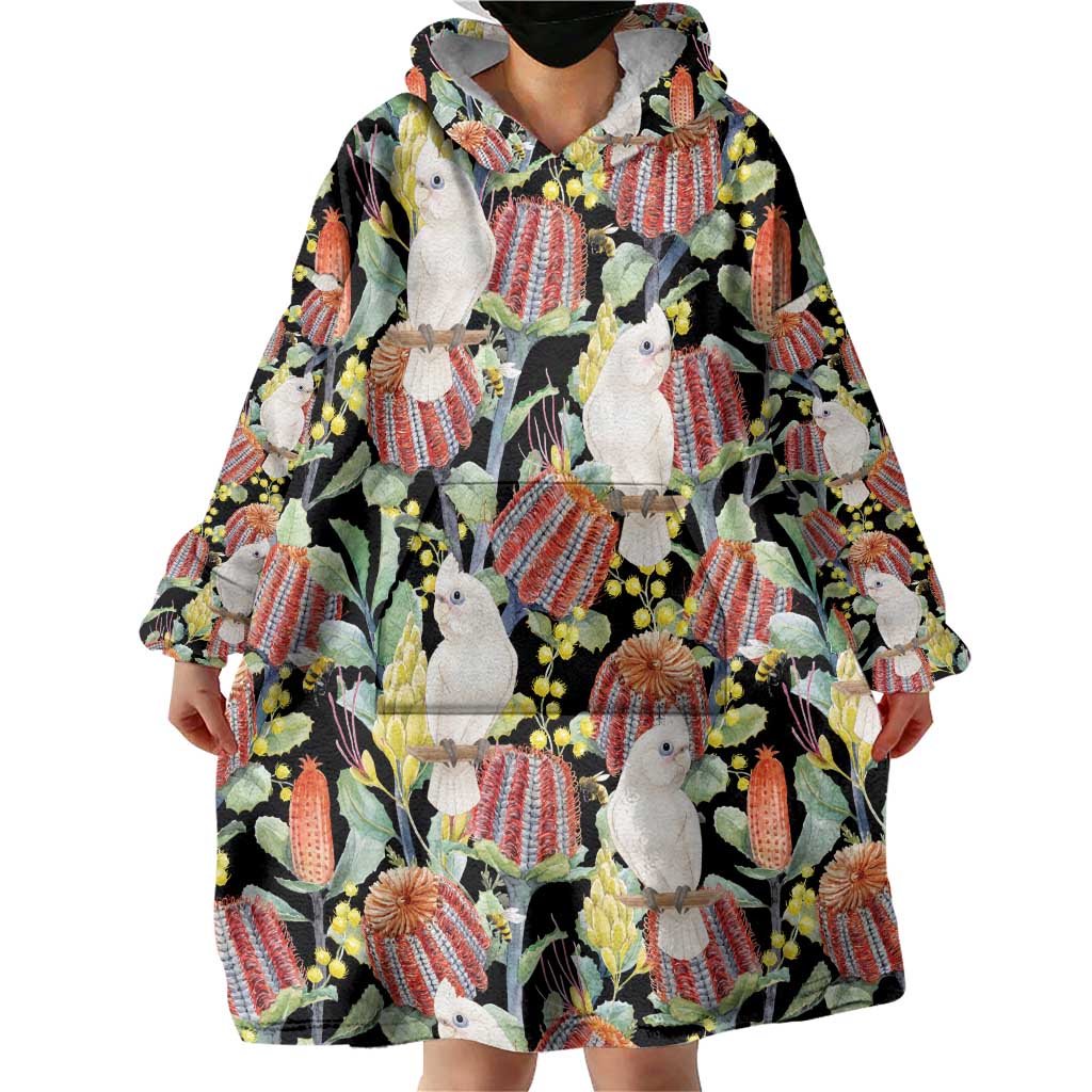 Little Corella Australia Cockatoo Wearable Blanket Hoodie Cacatua Sanguinea Banksia Seamless Black - Aussie Hoodie