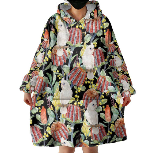 Little Corella Australia Cockatoo Wearable Blanket Hoodie Cacatua Sanguinea Banksia Seamless Black - Aussie Hoodie