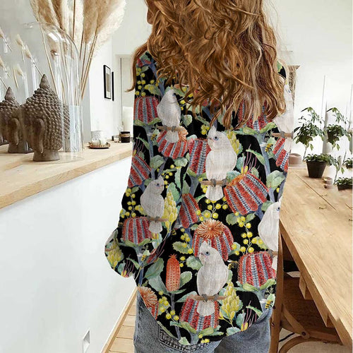 Little Corella Australia Cockatoo Women Casual Shirt Cacatua Sanguinea Banksia Seamless Black - Aussie Hoodie