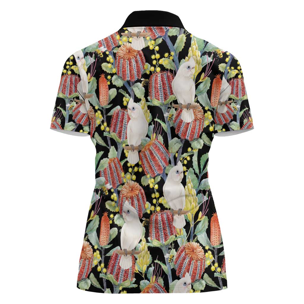 Little Corella Australia Cockatoo Women Polo Shirt Cacatua Sanguinea Banksia Seamless Black - Aussie Hoodie