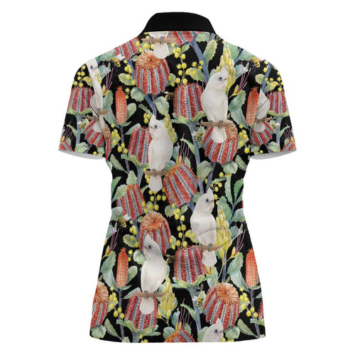 Little Corella Australia Cockatoo Women Polo Shirt Cacatua Sanguinea Banksia Seamless Black - Aussie Hoodie
