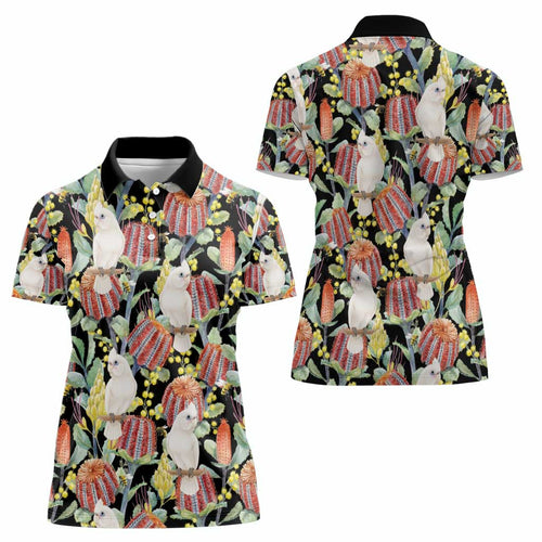 Little Corella Australia Cockatoo Women Polo Shirt Cacatua Sanguinea Banksia Seamless Black - Aussie Hoodie