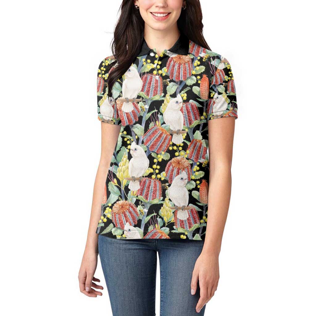 Little Corella Australia Cockatoo Women Polo Shirt Cacatua Sanguinea Banksia Seamless Black - Aussie Hoodie