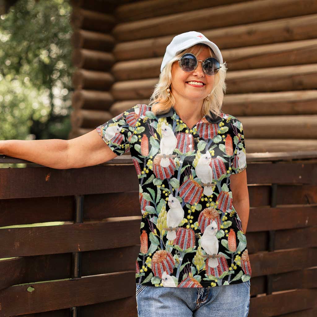 Little Corella Australia Cockatoo Women Polo Shirt Cacatua Sanguinea Banksia Seamless Black - Aussie Hoodie
