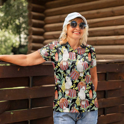 Little Corella Australia Cockatoo Women Polo Shirt Cacatua Sanguinea Banksia Seamless Black - Aussie Hoodie