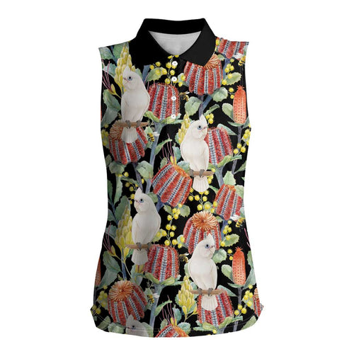Little Corella Australia Cockatoo Women Sleeveless Polo Shirt Cacatua Sanguinea Banksia Seamless Black - Aussie Hoodie